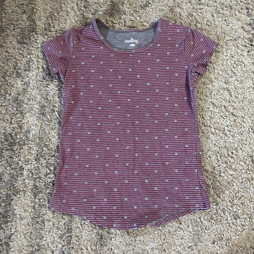 Gray Pink Stripe Heart Top Shirt Girls sz 10/12